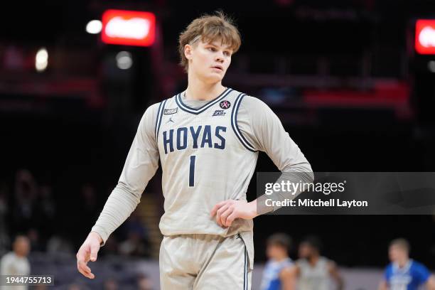 Rowan Brumbaugh of the Georgetown Hoyas looks on during a college basketball game against the Creighton Bluejays at the Capital One Arena on January...