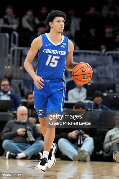 Josiah Dotzler of the Creighton Bluejays dribbles the ball during a college basketball game against the Georgetown Hoyas at the Capital One Arena on...