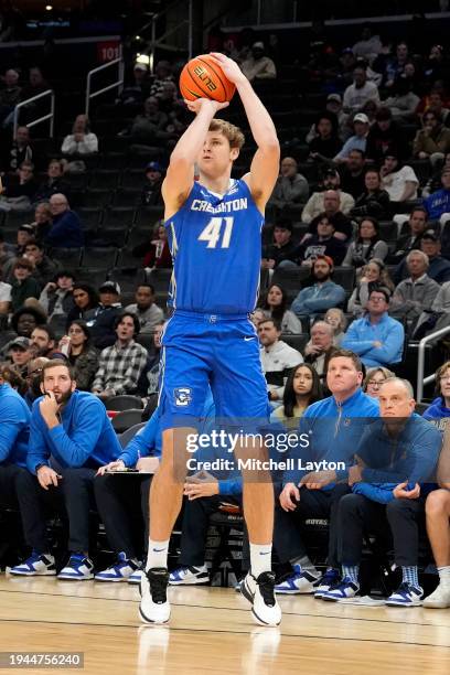 Isaac Traudt of the Creighton Bluejays takes a jump shot during a college basketball game against the Georgetown Hoyas at the Capital One Arena on...