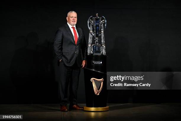 Dublin , Ireland - 22 January 2024; Wales head coach Warren Gatland with the trophy during the launch of the Guinness Six Nations Rugby Championship...