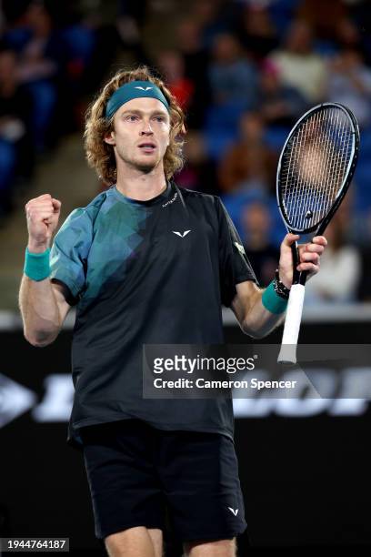 Andrey Rublev celebrates match point in their round three singles match against Sebastian Korda of the United States during the 2024 Australian Open...