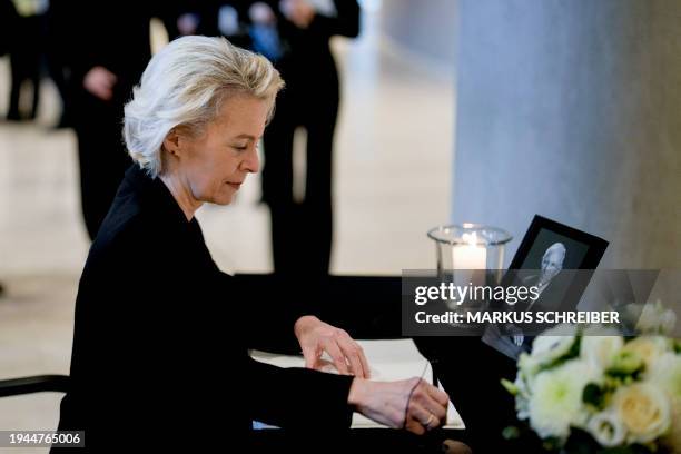 European Commission President Ursula von der Leyen sign the book of condolence arriving for a memorial for the late politician Wolfgang Schaeuble at...