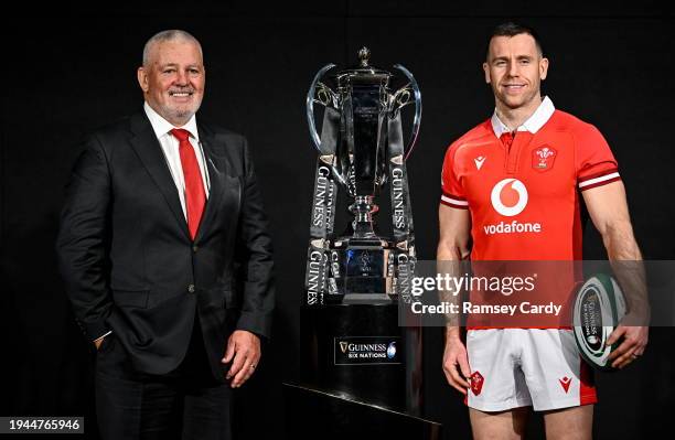 Dublin , Ireland - 22 January 2024; Wales head coach Warren Gatland and Gareth Davies of Wales with the trophy during the launch of the Guinness Six...
