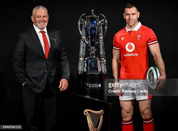 Dublin , Ireland - 22 January 2024; Wales head coach Warren Gatland and Gareth Davies of Wales with the trophy during the launch of the Guinness Six...
