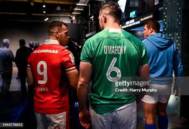 Dublin , Ireland - 22 January 2024; Ireland captain Peter O'Mahony and Gareth Davies of Wales during the launch of the Guinness Six Nations Rugby...