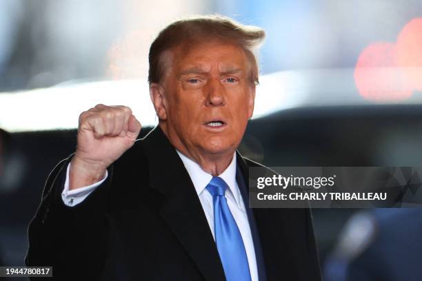 Former US President Donald Trump leaves Trump Tower for Manhattan federal court for the second defamation trial against him, in New York City on...