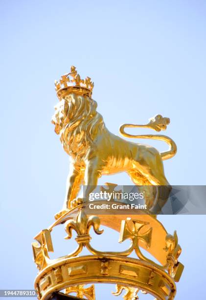 gate decoration of a lion. - buckingham palace gates stock pictures, royalty-free photos & images