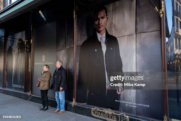 Men's designer fashion image outside Harrods in Knightsbridge on 19th January 2024 in London, United Kingdom. Knightsbridge is one of the principal...