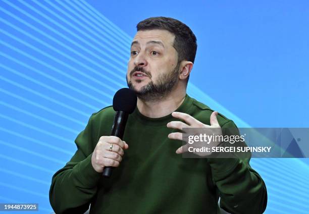 Ukrainian President Volodymyr Zelensky addresses Ukrainian students during a meeting in Kyiv on January 22, 2024.