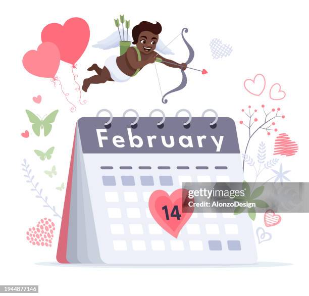 ilustraciones, imágenes clip art, dibujos animados e iconos de stock de pequeño cupido africano con los amantes de la caza con arco y flecha. calendario que indica el 14 de febrero. celebrando el día de san valentín. - kiss paper