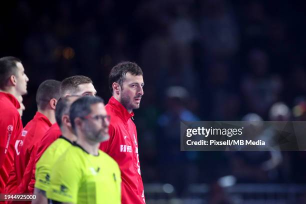 Domagoj Duvnjak of Croatia line up during the Men's EHF Euro 2024 main round match between Croatia and Iceland at Lanxess Arena on January 22, 2024...