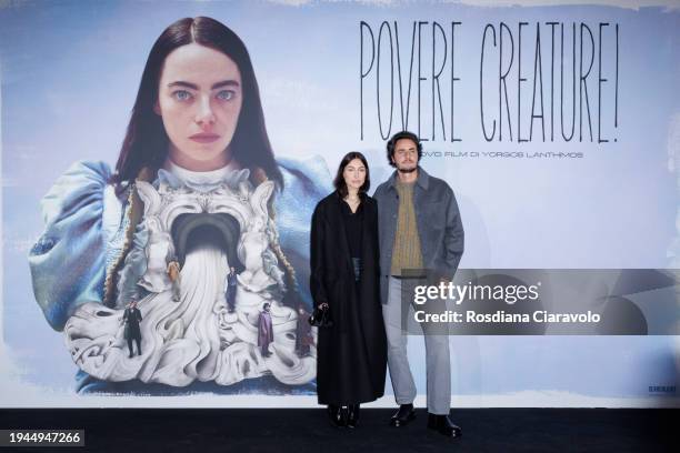 Giorgia Tordini and Charley Vezza attend the Milan premiere of "Poor Things" at Fondazione Prada on January 18, 2024 in Milan, Italy.