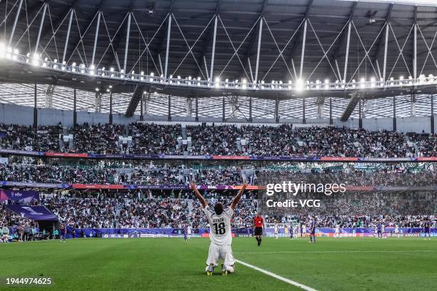 Aymen Hussein of Iraq celebrates after scoring his team's second goal during the AFC Asian Cup Qatar 2023 second round Group D match between Iraq and...