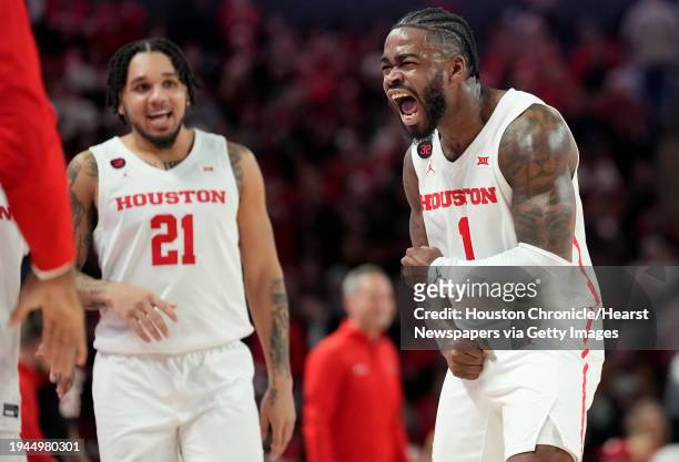 Houston Cougars guard Jamal Shead screams during the second half of a mens NCAA basketball game at the Fertitta Center on Wednesday, Jan. 17 in...