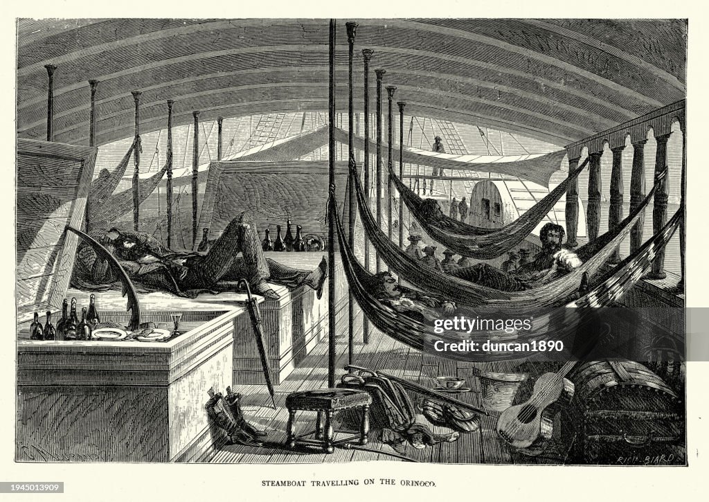 Passengers sleeping in hammocks, on a steamboat travelling on the Orinoco river, History 19th Century.