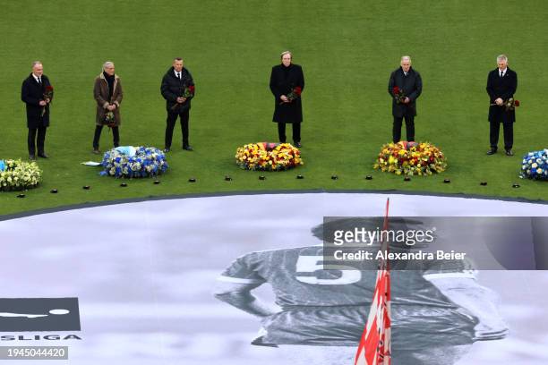 Karl-Heinz Rummenigge, Wolfgang Overath, Lothar Matthaeus, Guenter Netzer, Karl-Heinz "Charly" Koerbel and Bastian Schweinsteiger attend the memorial...