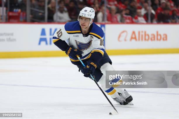 Brayden Schenn of the St. Louis Blues skates against the Washington Capitals during the third period at Capital One Arena on January 18, 2024 in...