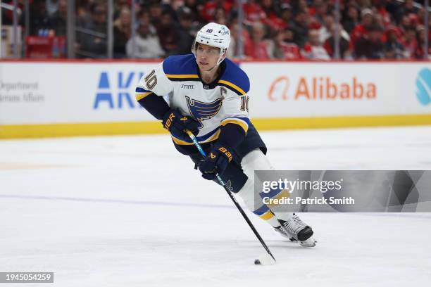 Brayden Schenn of the St. Louis Blues skates against the Washington Capitals during the third period at Capital One Arena on January 18, 2024 in...