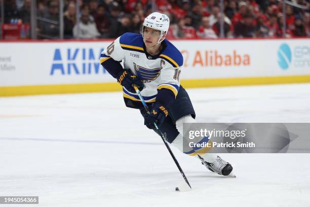 Brayden Schenn of the St. Louis Blues skates against the Washington Capitals during the third period at Capital One Arena on January 18, 2024 in...