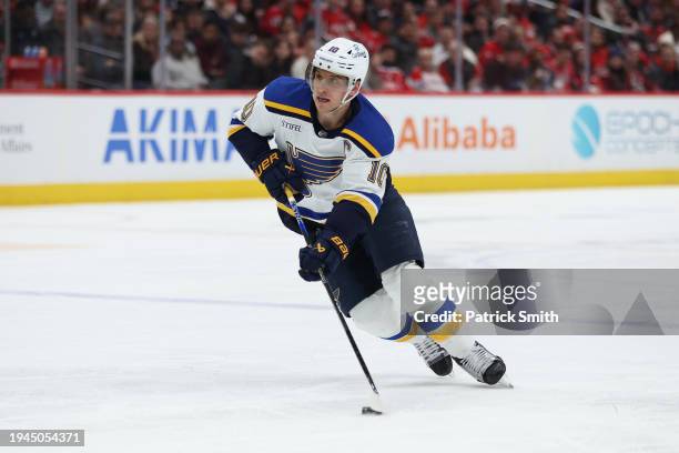 Brayden Schenn of the St. Louis Blues skates against the Washington Capitals during the third period at Capital One Arena on January 18, 2024 in...