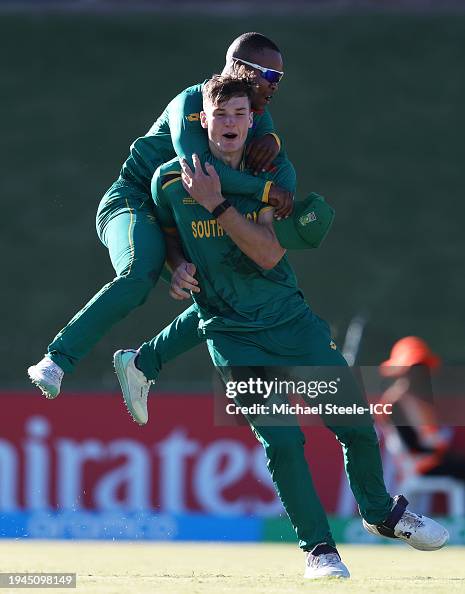 Nick Riley Cricketer Riley Norton of South Africa celebrates the wicket of Jewel Edward of ...