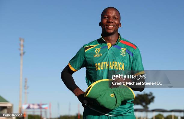 Kwena Maphaka of South Africa looks on after taking five wickets following the ICC U19 Men's Cricket World Cup South Africa 2024 match between South...