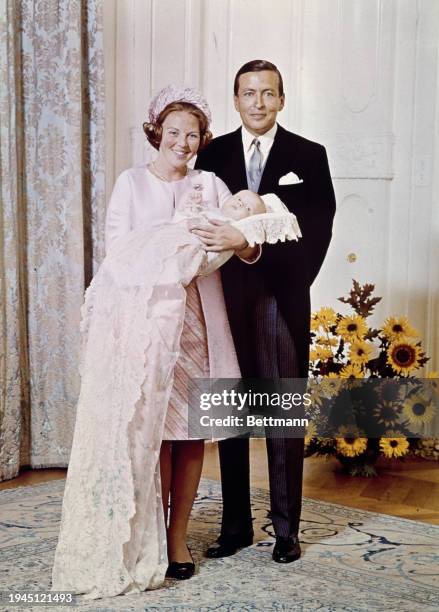 Princess Beatrix and Prince Claus with their son Prince Willem-Alexander on the day of his christening at St Jacob's Church in The Hague, September...