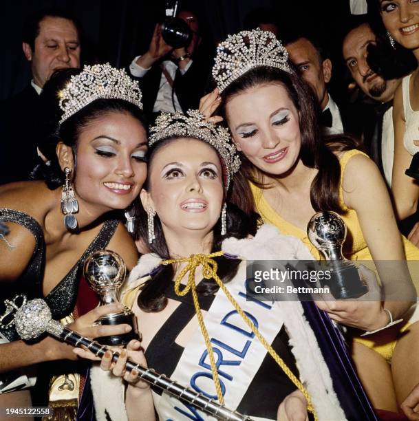 Winner of the 1967 Miss World beauty pageant, Madeline Hartog-Bel of Peru , with 1st runner-up Maria del Carmen Sabaliauskas of Argentina and 2nd...