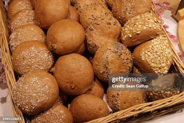 Whole grain rolls of bread lie on display at the Green Week agricultural trade fair on its opening day on January 19, 2024 in Berlin, Germany. The...