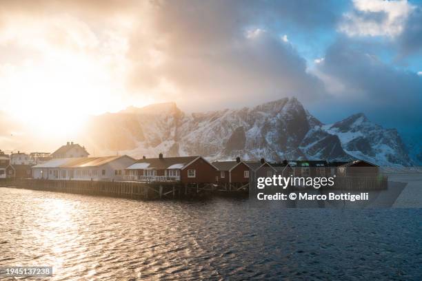 hamnoy village and fjord, lofoten islands, norway - nordland county stock pictures, royalty-free photos & images