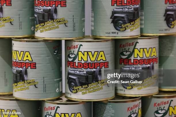 Cans of traditional eastern German NVA Feldsuppe, a soup from yellow peas apparently served in the former communist-era East German military, stand...