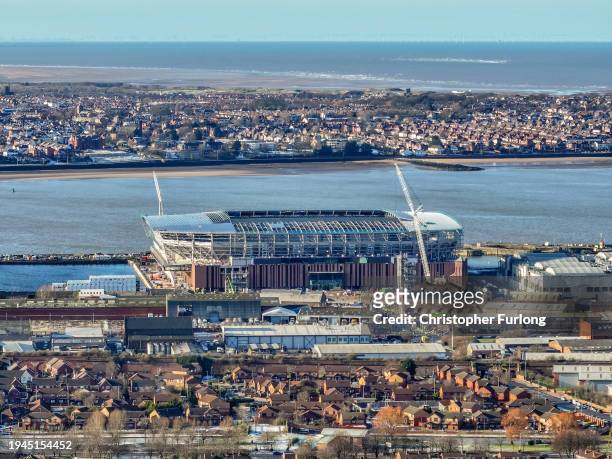 General aerial view of the Bramley Moore Dock and the construction progress of Everton Football Club's new football stadium on January 19, 2024 in...