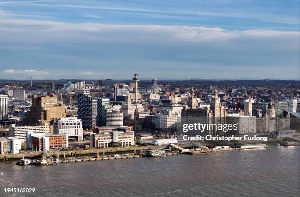 An aerial view of Liverpool showing the Liver Building and the River Mersey waterfront on January 19, 2024 in Liverpool, England.