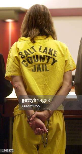 Brian David Mitchell, dressed in prison clothing and handcuffed, attends a court hearing April 22, 2003 in Salt Lake City, Utah. Mitchell is charged...