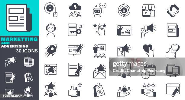 marketing and advertising icons set. solid icon collection. vector graphic elements, icon symbol, business, innovation, vector, advertisement, communication, technology - community solid icon stock illustrations