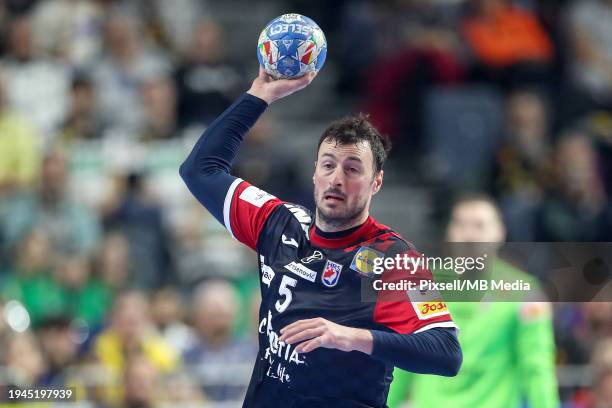 Domagoj Duvnjak of Croatia in action during the Men's EHF Euro 2024 main round match between Croatia and Iceland at Lanxess Arena on January 22, 2024...