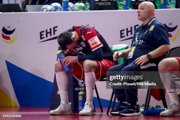 Domagoj Duvnjak of Craotia reacts during the Men's EHF Euro 2024 main round match between Croatia and Iceland at Lanxess Arena on January 22, 2024 in...