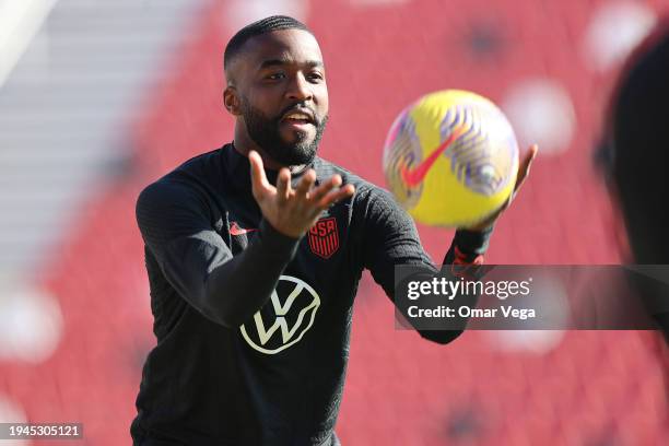 Shaquell Moore of the United States warms up during a training session ahead of a friendly match against Slovenia at Toyota Field on January 19, 2024...