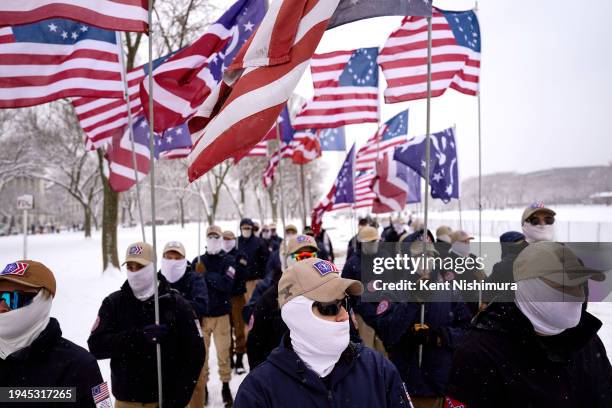 Members of the Patriot Front attend the annual March for Life rally on the National Mall on January 19, 2024 in Washington, DC. Amidst snow and...