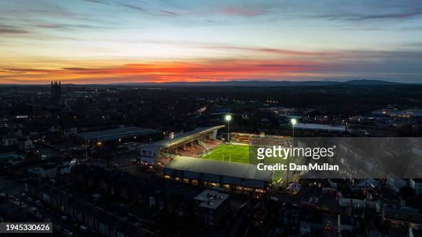 An aerial view of Kingsholm Stadium prior to the EPCR Challenge Cup match between Gloucester Rugby and Castres Olympique on January 19, 2024 in...