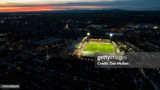 An aerial view of Kingsholm Stadium prior to the EPCR Challenge Cup match between Gloucester Rugby and Castres Olympique on January 19, 2024 in...