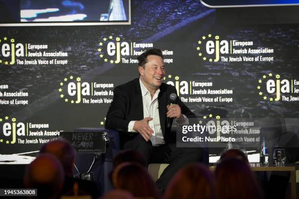 Elon Musk is seen speaking at the European Jewish Association confercen in Cracow, Poland on 22 January, 2024.