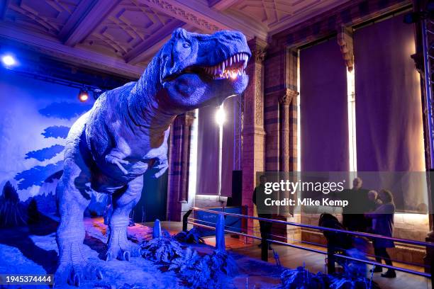 Visitors taking pictures of the animatronic Tyrannosaurus at the dinosaurs exhibition room at the Natural History Museum on 19th January 2024 in...