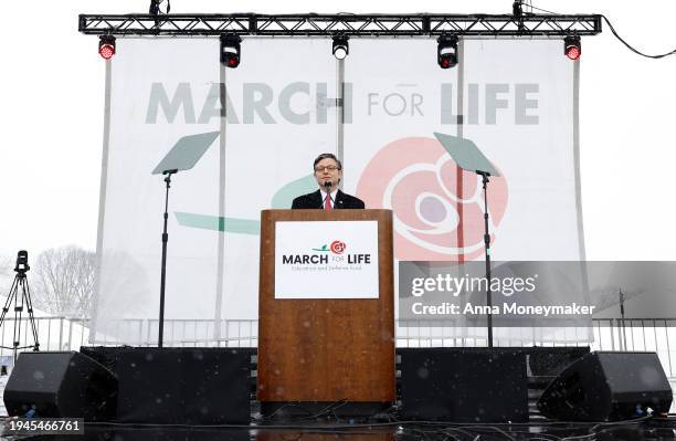 Speaker of the House Mike Johnson delvers remarks during the annual March for Life rally on the National Mall on January 19, 2024 in Washington, DC....