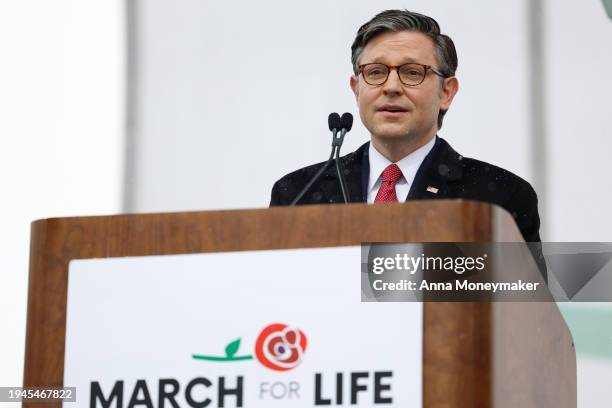 Speaker of the House Mike Johnson delivers remarks during the annual March for Life rally on the National Mall on January 19, 2024 in Washington, DC....