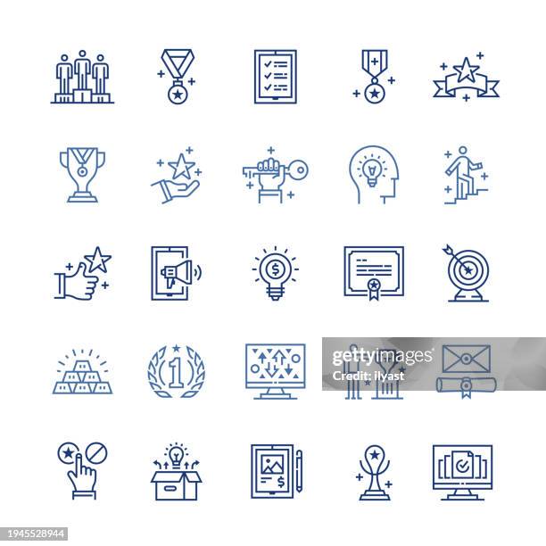 success & achievements line icon set - poll results stock illustrations