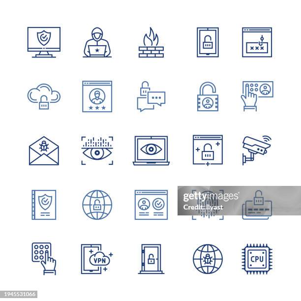 ilustraciones, imágenes clip art, dibujos animados e iconos de stock de conjunto de iconos de línea de seguridad y protección - estafador