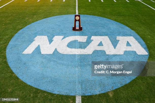 The championship trophy is seen on the field before the game between the South Dakota State Jackrabbits and the Montana Grizzlies during the Division...