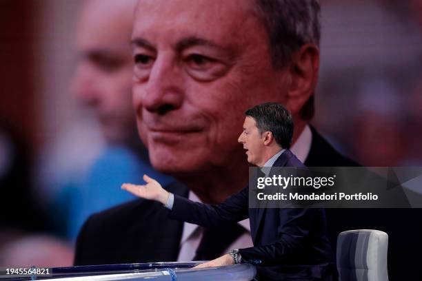 Italian senator Matteo Renzi guest of the television program Porta a Porta. In the background the image of former Prime Minister Mario Draghi. Rome ,...