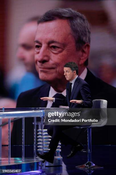 Italian senator Matteo Renzi guest of the television program Porta a Porta. In the background the image of former Prime Minister Mario Draghi. Rome ,...